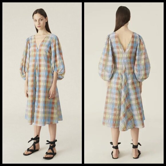 💕GANNI💕 Seersucker Check Dress ~ Midi Tent Plaid Picnic Balloon Sleeve Size 40 - Picture 4 of 16